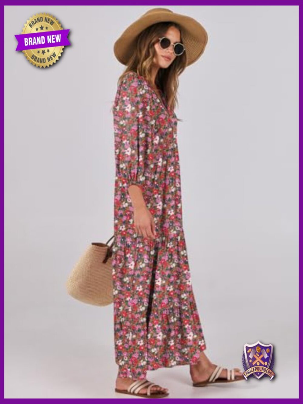 Boho V Neck Puff Sleeve Maxi Dress Flowy Tiered Ruffle - Picture 4 of 7